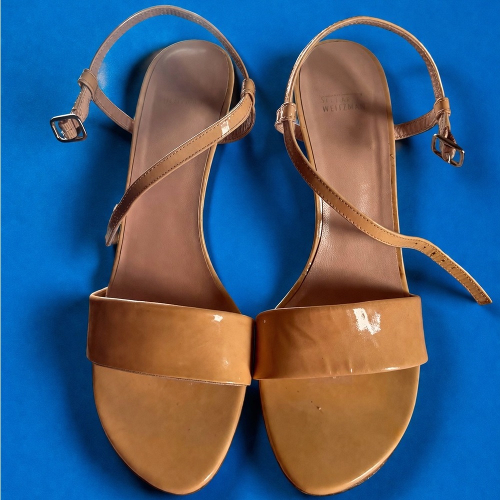 Stuart Weitzman Tan Patent Leather Strap Sandals - Picture 1 of 8